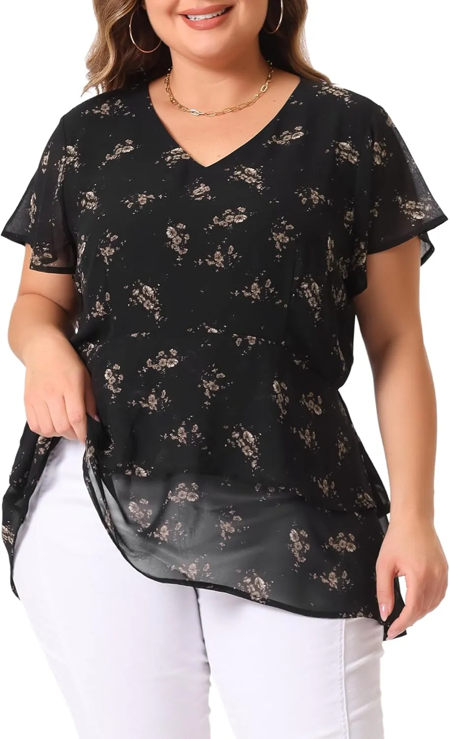 Agnes Orinda Summer Tops for Women 2024 Plus Size V Neck Short Sleeve Layered Casual Floral Blouse