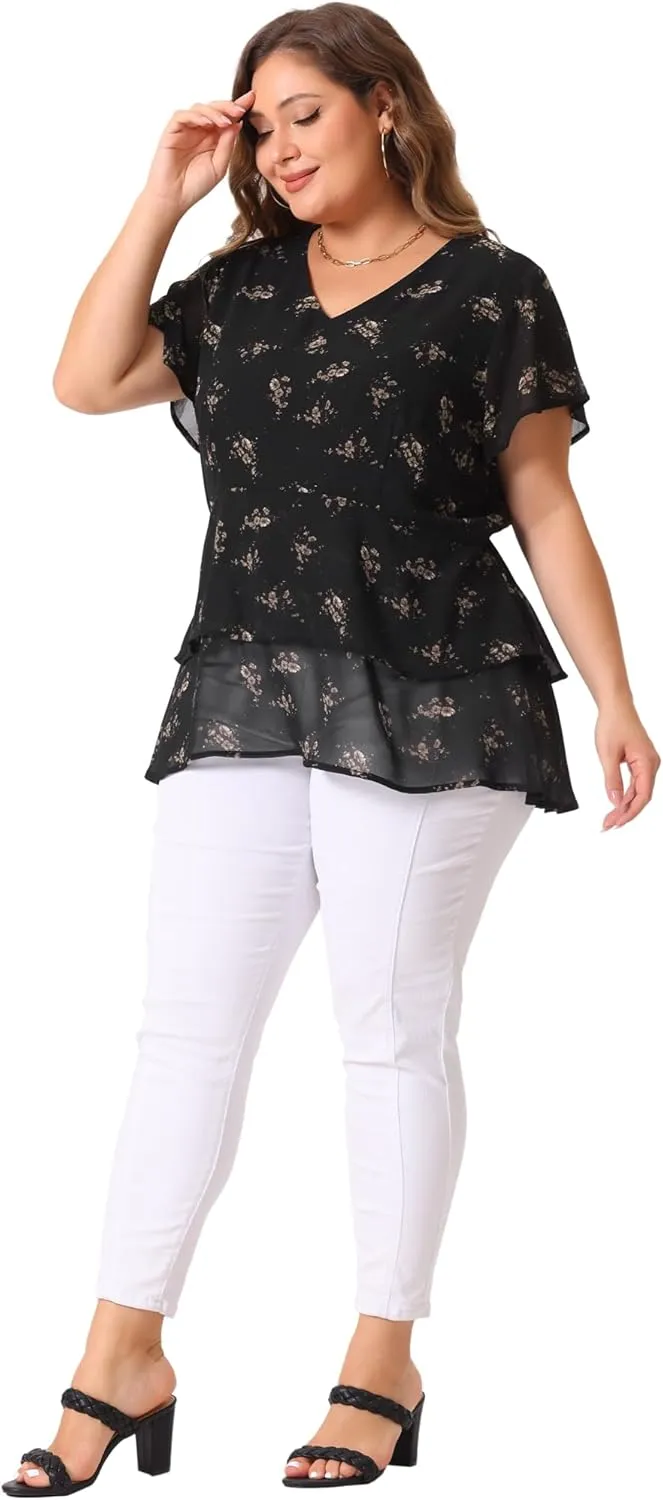 Agnes Orinda Summer Tops for Women 2024 Plus Size V Neck Short Sleeve Layered Casual Floral Blouse