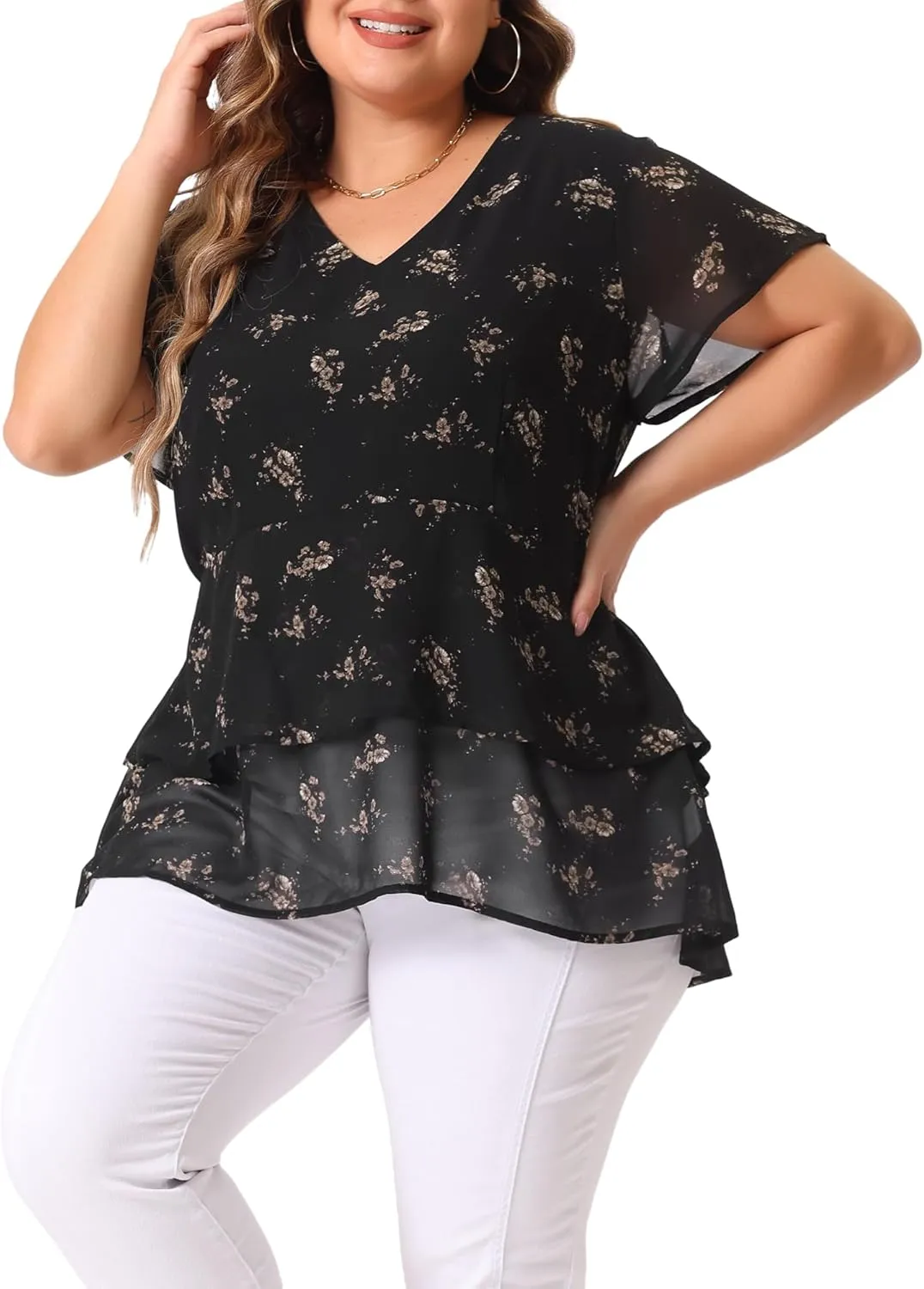 Agnes Orinda Summer Tops for Women 2024 Plus Size V Neck Short Sleeve Layered Casual Floral Blouse
