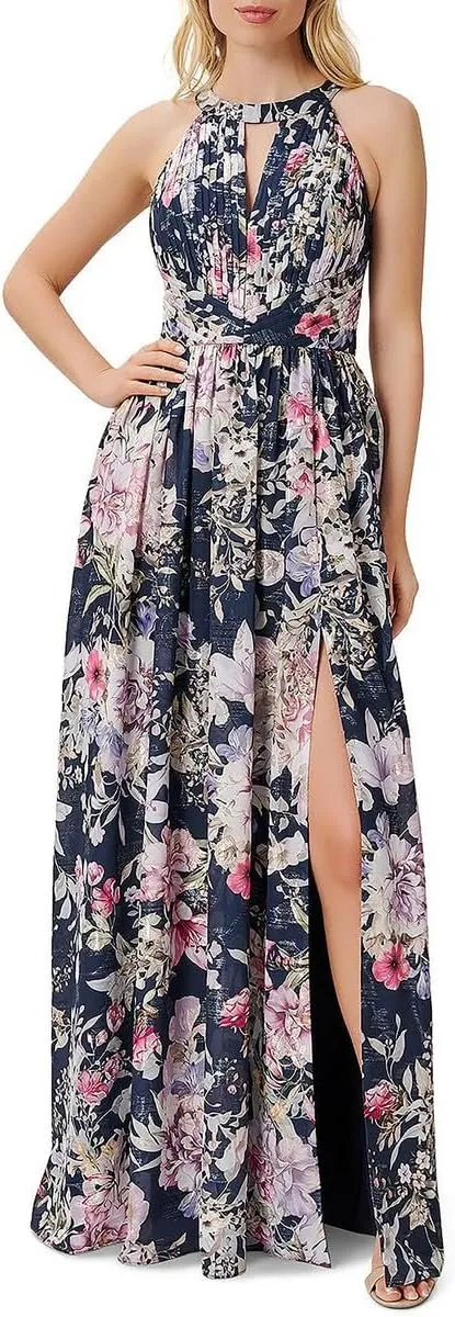 Aidan Mattox by Adrianna Papell Women's Printed Halter Maxi Dress, Navy Multi