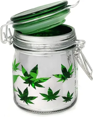 Airtight Glass Storage Jar Medium 3.75" Tall (Metallic Silver/Green Leaves)
