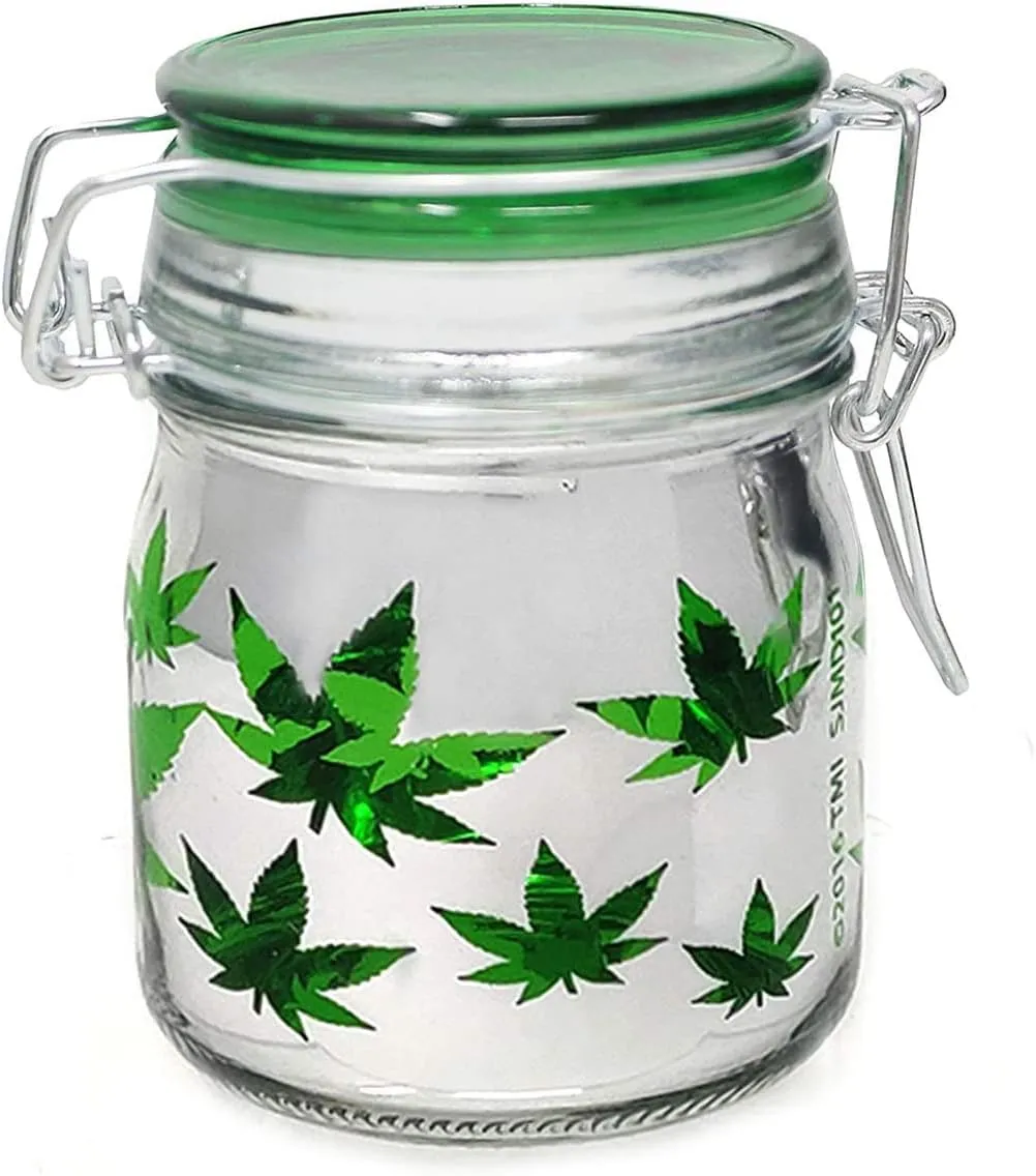Airtight Glass Storage Jar Medium 3.75" Tall (Metallic Silver/Green Leaves)