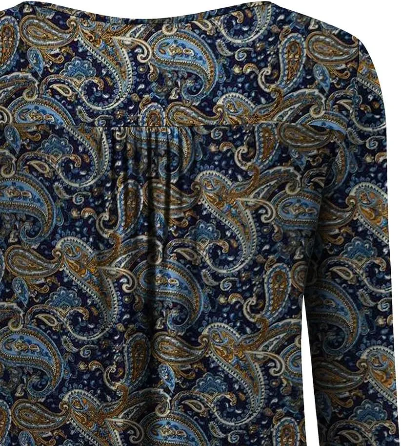 a.Jesdani Plus Size Tunic Tops Long Sleeve Casual Floral Printed Henley V Neck Shirts for Women