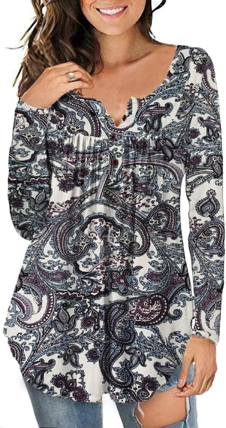 a.Jesdani Plus Size Tunic Tops Long Sleeve Casual Floral Printed Henley V Neck Shirts for Women
