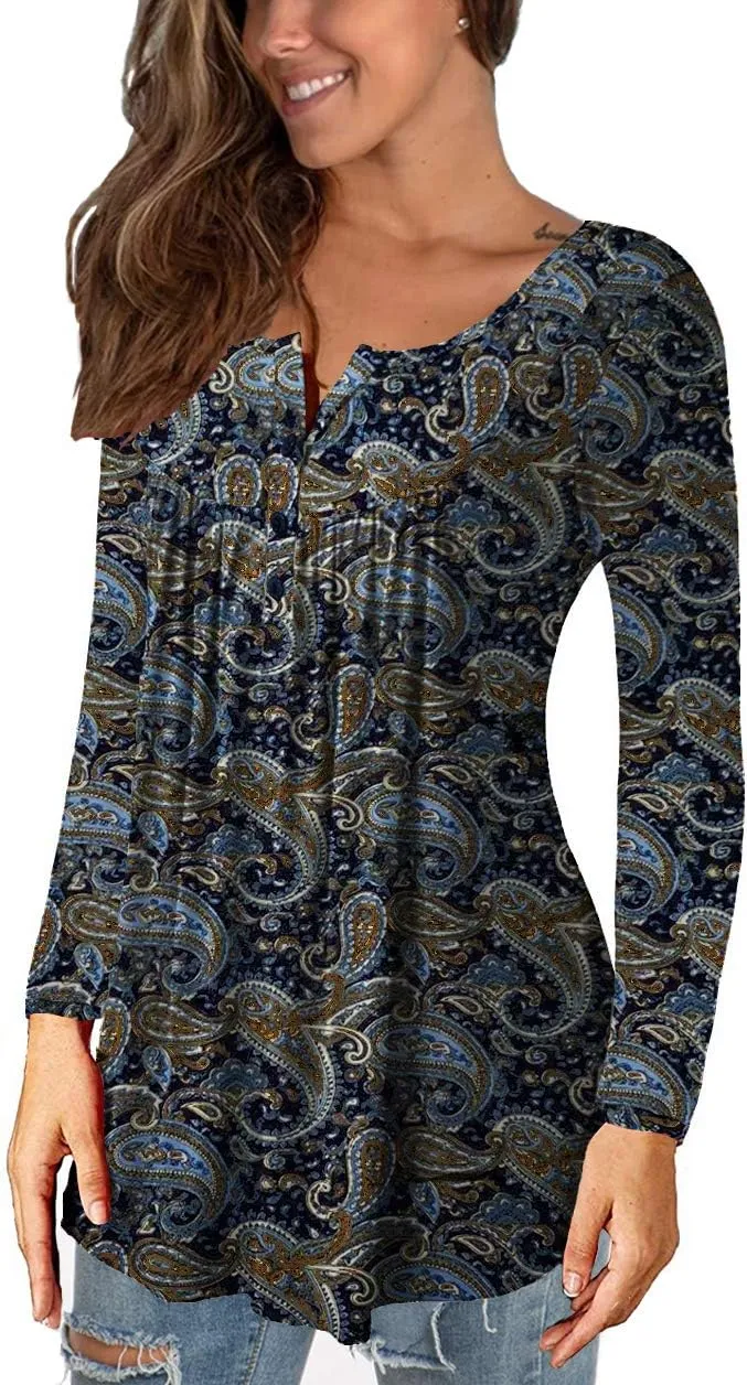 a.Jesdani Plus Size Tunic Tops Long Sleeve Casual Floral Printed Henley V Neck Shirts for Women