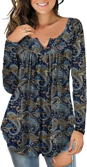 a.Jesdani Plus Size Tunic Tops Long Sleeve Casual Floral Printed Henley V Neck Shirts for Women