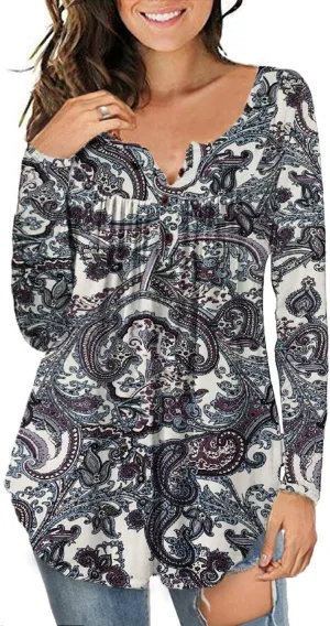a.Jesdani Plus Size Tunic Tops Long Sleeve Casual Floral Printed Henley V Neck Shirts for Women