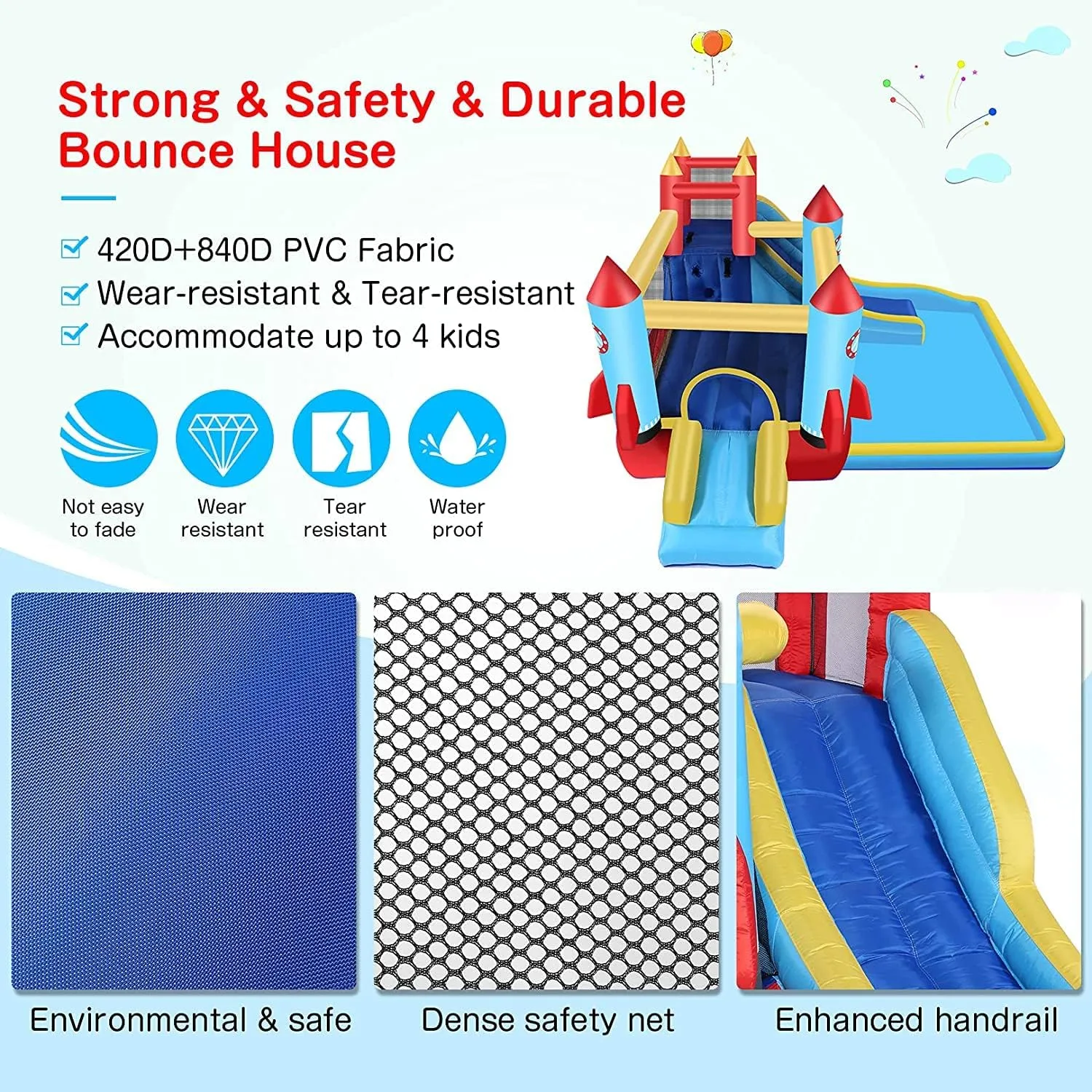 AKEYDIY Bounce House,Inflatable Bounce Castle with Blower for Kids 3-10,Outdoor/Indoor Bouncy House Water Park for Backyard with 2 Splash Slides,Climbing Wall,Ball Pit,Jumping Area (146" x 132" x 81")