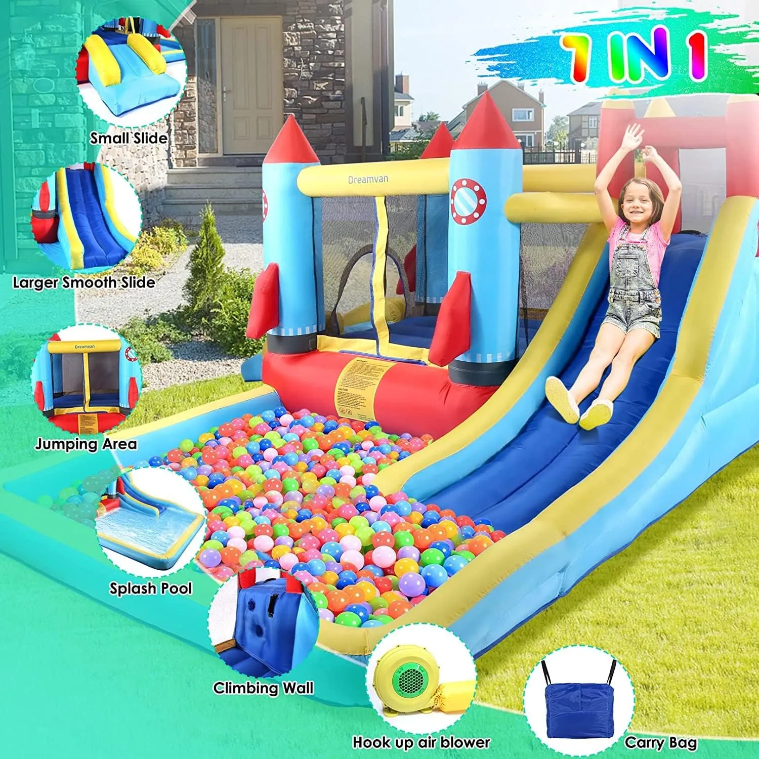 AKEYDIY Bounce House,Inflatable Bounce Castle with Blower for Kids 3-10,Outdoor/Indoor Bouncy House Water Park for Backyard with 2 Splash Slides,Climbing Wall,Ball Pit,Jumping Area (146" x 132" x 81")