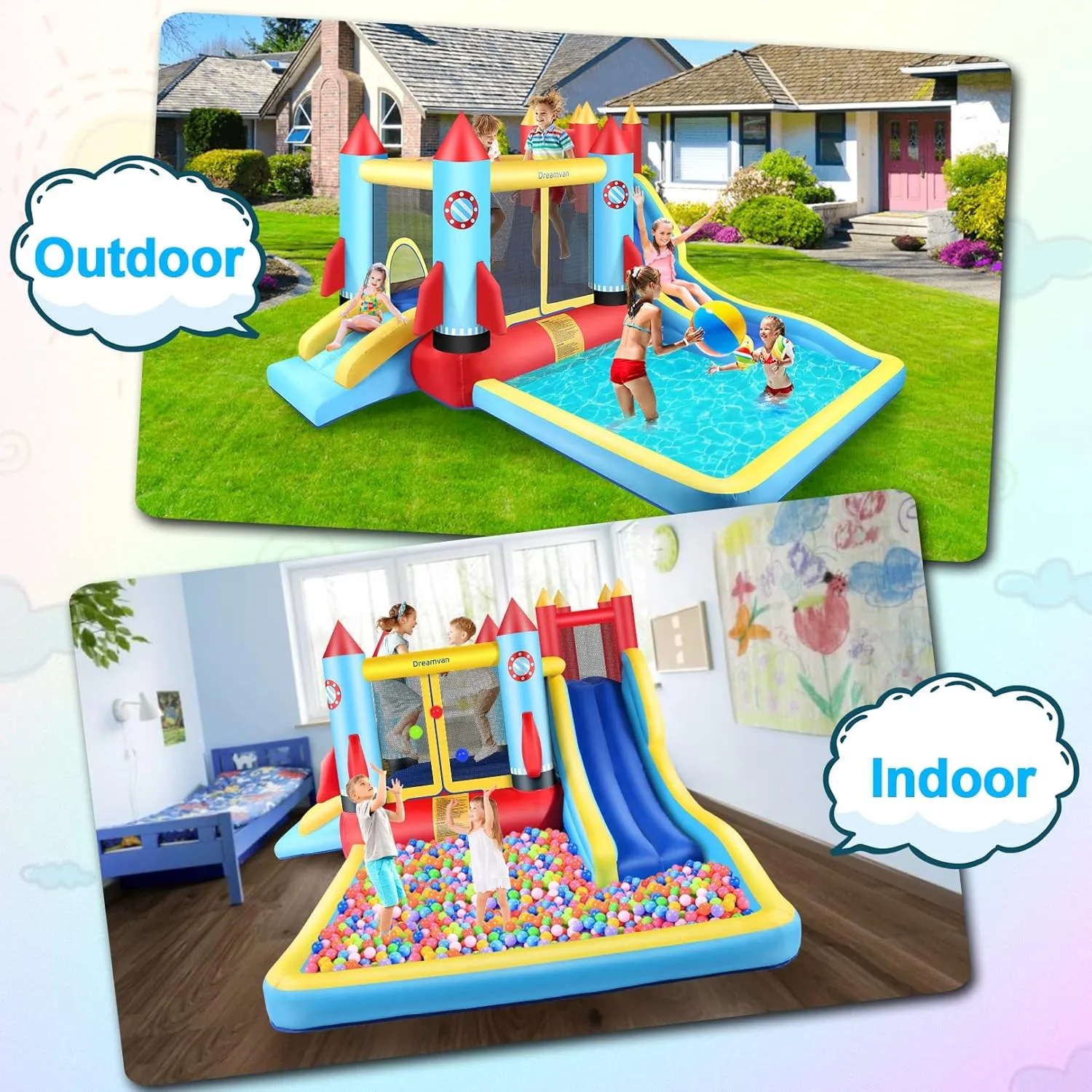AKEYDIY Bounce House,Inflatable Bounce Castle with Blower for Kids 3-10,Outdoor/Indoor Bouncy House Water Park for Backyard with 2 Splash Slides,Climbing Wall,Ball Pit,Jumping Area (146" x 132" x 81")