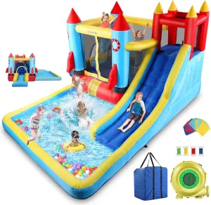 AKEYDIY Bounce House,Inflatable Bounce Castle with Blower for Kids 3-10,Outdoor/Indoor Bouncy House Water Park for Backyard with 2 Splash Slides,Climbing Wall,Ball Pit,Jumping Area (146" x 132" x 81")