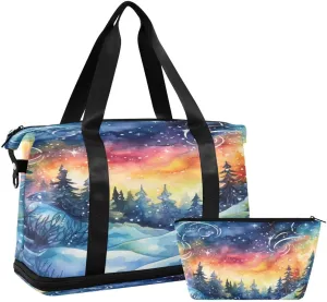 ALAZA Colored Galaxy Pine Tree Xmas Travel Duffel Bag with Shoe Compartment Tote Bag Weekender Overnight Bag with Wet Pocket for Travel,Gym,Yoga,Swimming