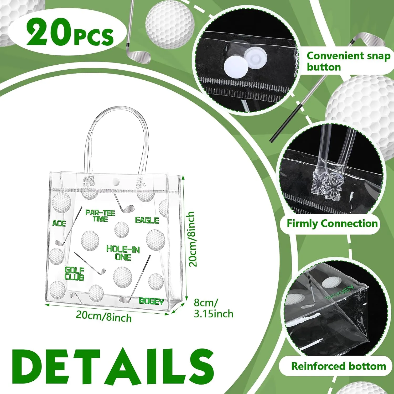 Aliceset 20 Pcs Golf Party Clear Goodie Bag with Handles Golf Snack Treat Bags for Team Masters Themed Party Game Tournament Supplies Birthday Gifts Decorations, 8 x 8 x 3.15 Inch