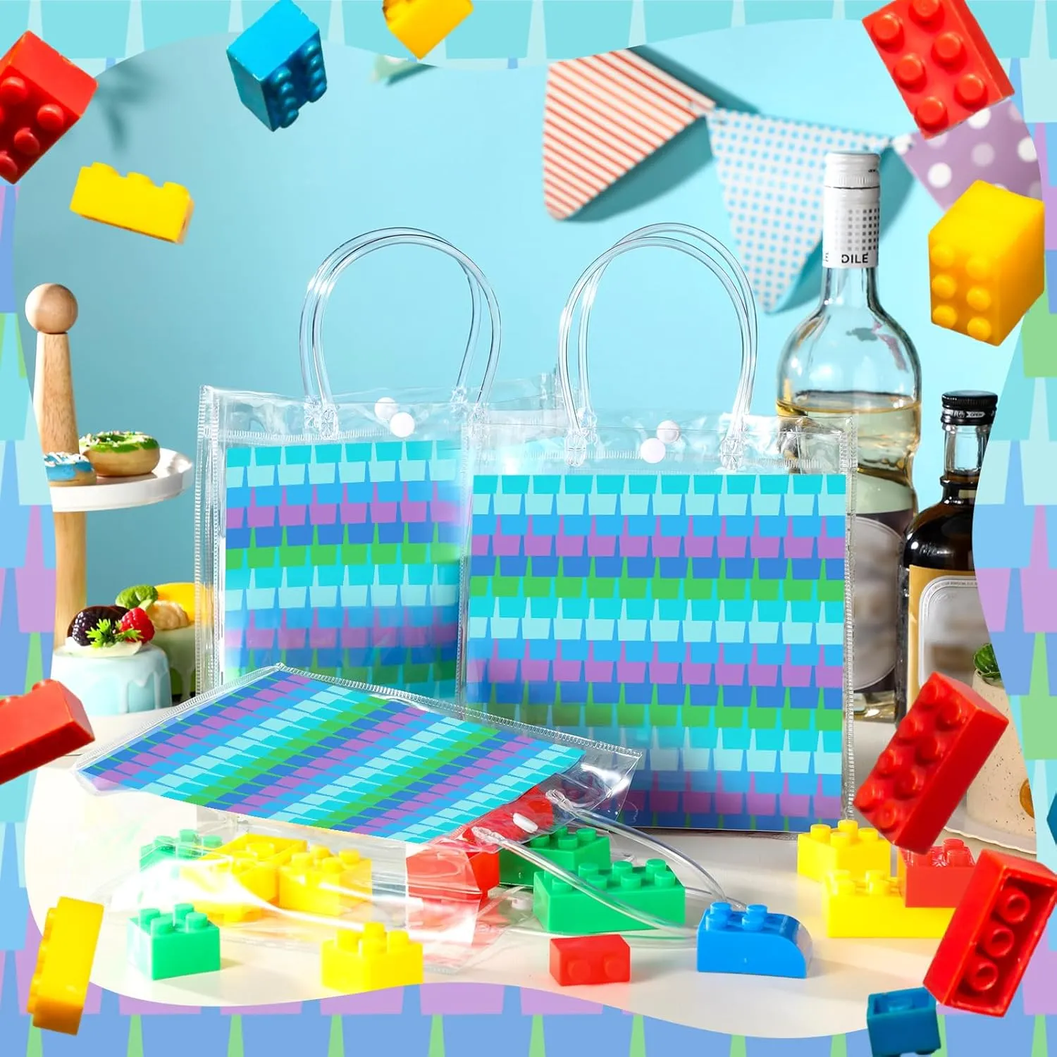 Aliceset 24 Pcs Gradient Blue Purple Gift Bags with Handle Clear PVC Candy Treat Goodies Tote Bags for Summer Mermaid Birthday Party Favor Supplies