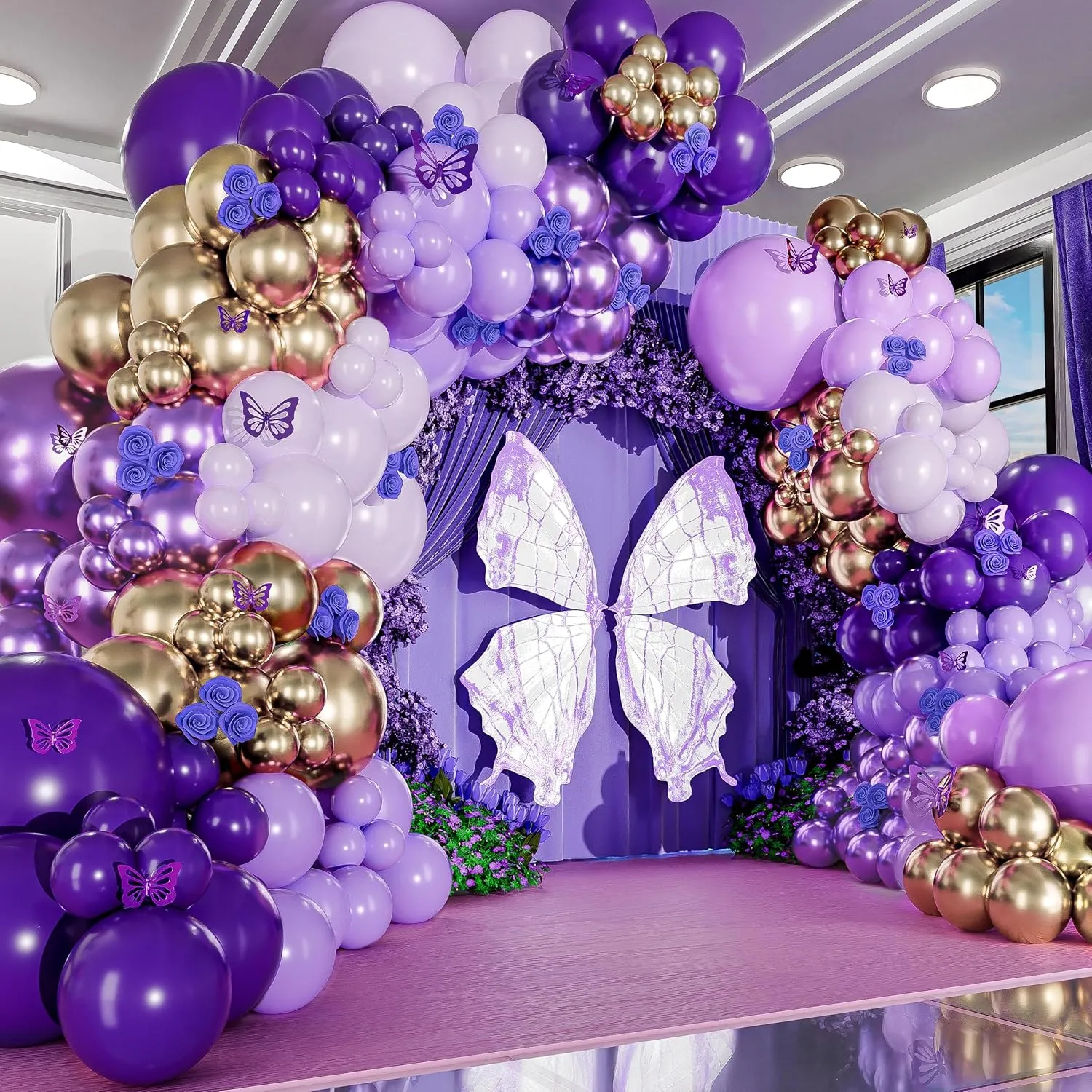 ALL-IN-1 Purple and Gold Balloon Arch & Garland Kit – Small and Large Purple Gold Balloons with Confetti – Lavender, Dark Purples, Pastel Purples Lilac Party Decorations for Birthday and Graduation