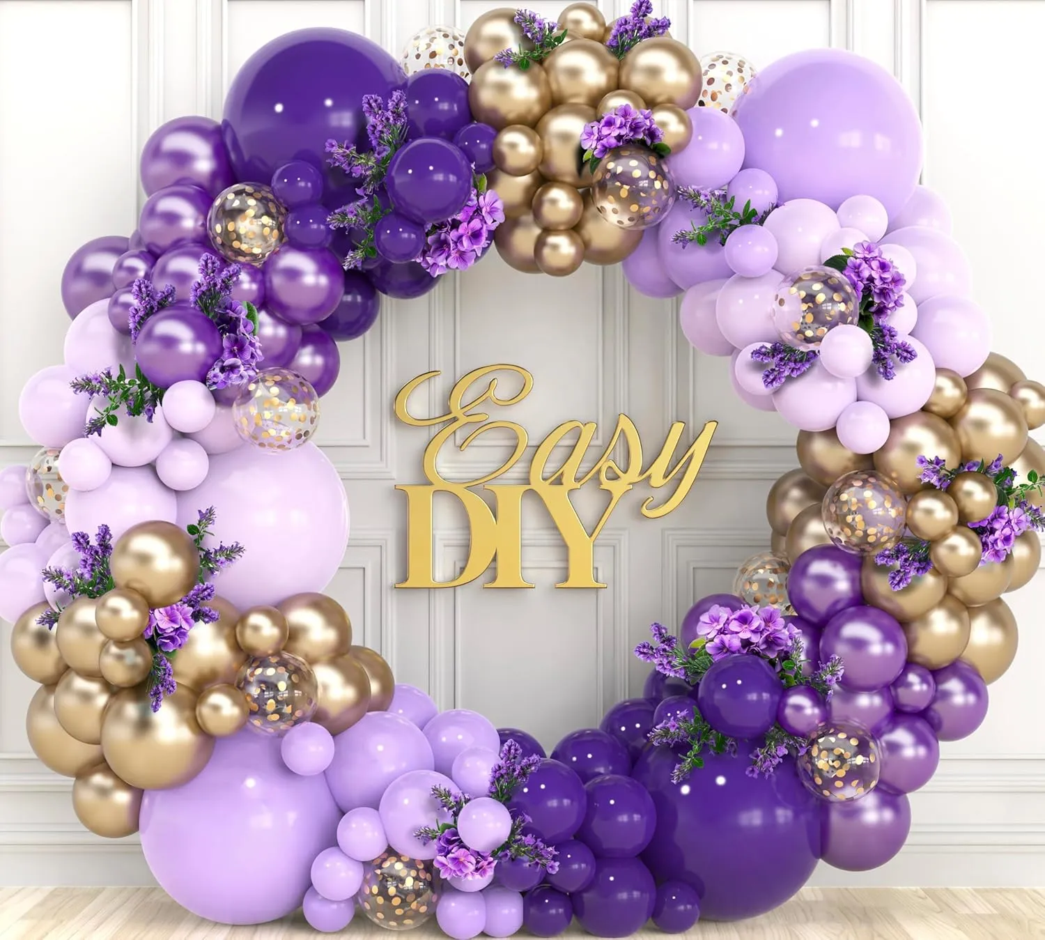 ALL-IN-1 Purple and Gold Balloon Arch & Garland Kit – Small and Large Purple Gold Balloons with Confetti – Lavender, Dark Purples, Pastel Purples Lilac Party Decorations for Birthday and Graduation