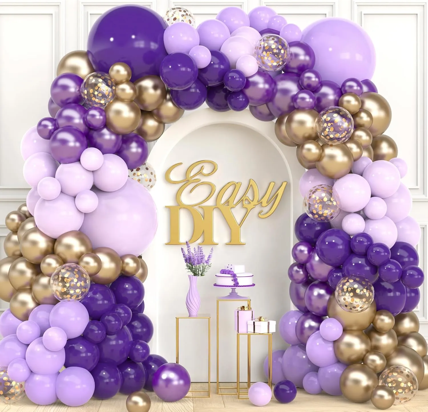 ALL-IN-1 Purple and Gold Balloon Arch & Garland Kit – Small and Large Purple Gold Balloons with Confetti – Lavender, Dark Purples, Pastel Purples Lilac Party Decorations for Birthday and Graduation