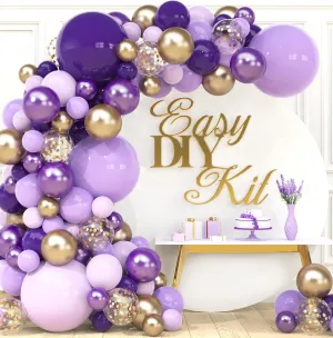 ALL-IN-1 Purple and Gold Balloon Arch & Garland Kit – Small and Large Purple Gold Balloons with Confetti – Lavender, Dark Purples, Pastel Purples Lilac Party Decorations for Birthday and Graduation