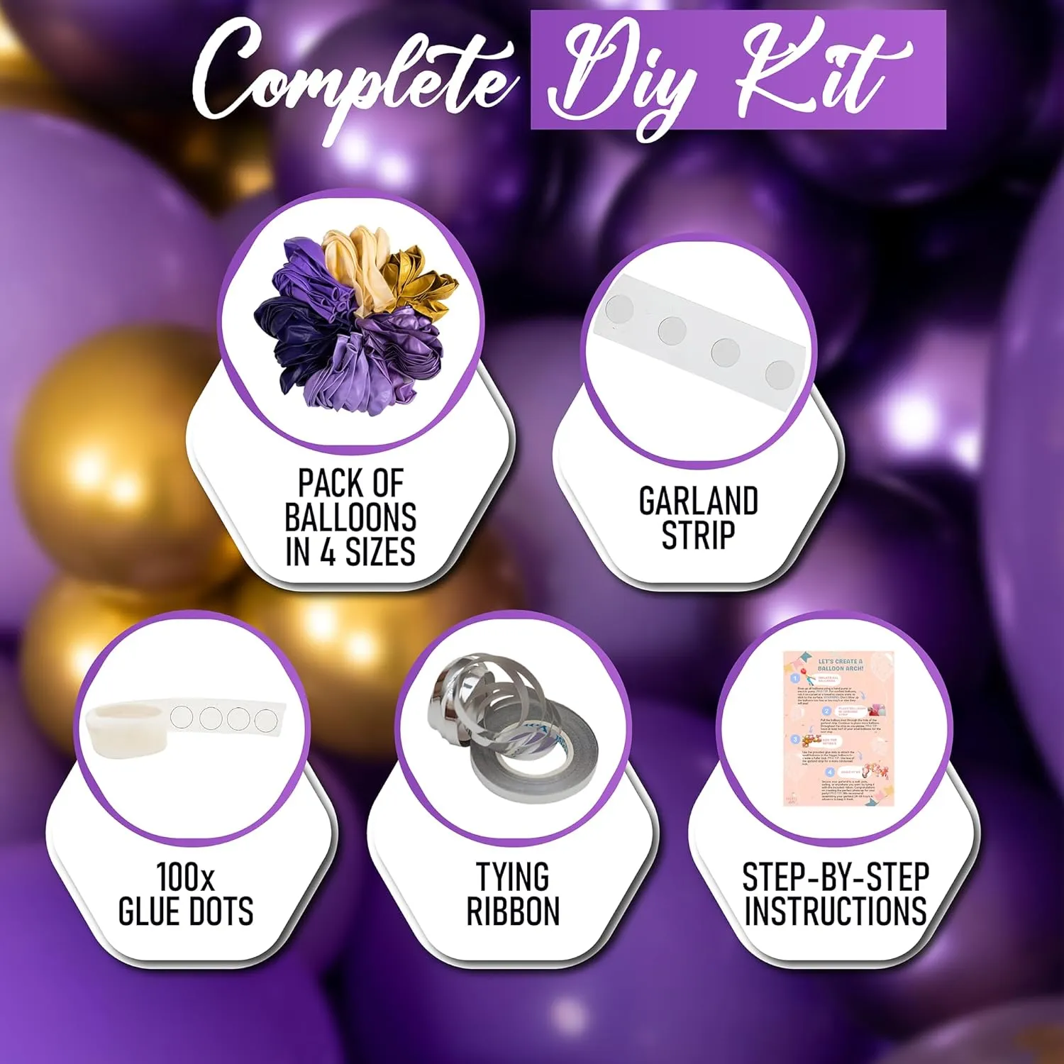 ALL-IN-1 Purple and Gold Balloon Arch & Garland Kit – Small and Large Purple Gold Balloons with Confetti – Lavender, Dark Purples, Pastel Purples Lilac Party Decorations for Birthday and Graduation