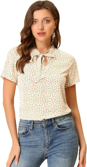 Allegra K Women's Bow Tie Neck Short Sleeve Printed Chiffon Blouse