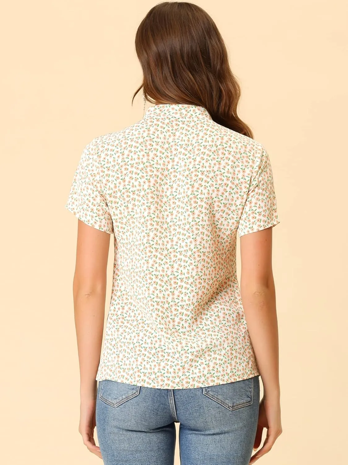 Allegra K Women's Bow Tie Neck Short Sleeve Printed Chiffon Blouse