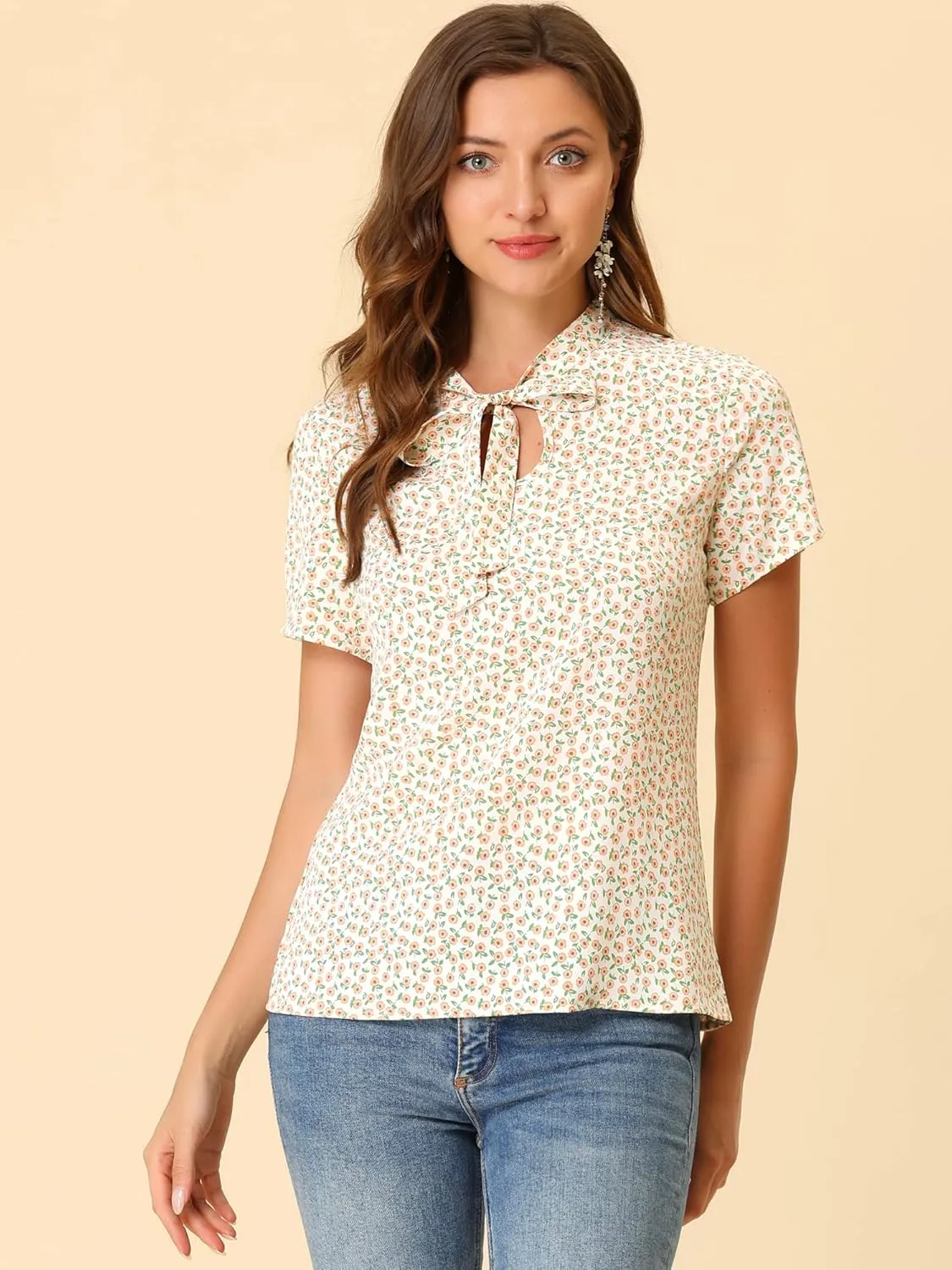 Allegra K Women's Bow Tie Neck Short Sleeve Printed Chiffon Blouse