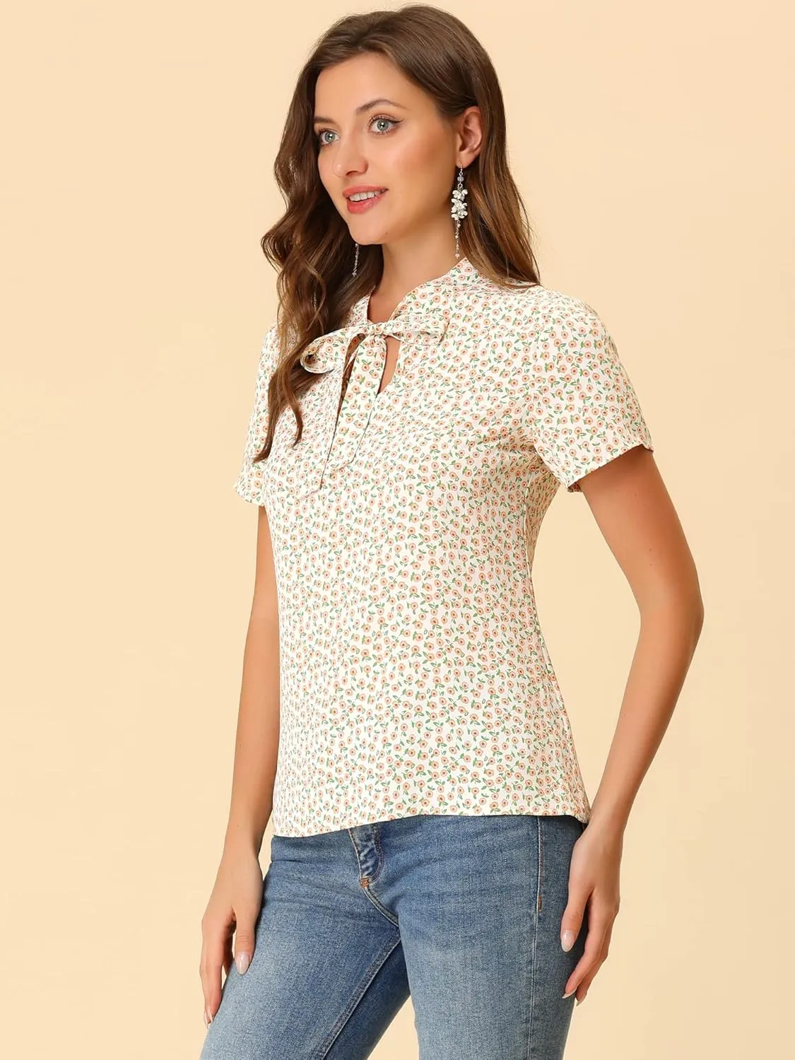 Allegra K Women's Bow Tie Neck Short Sleeve Printed Chiffon Blouse
