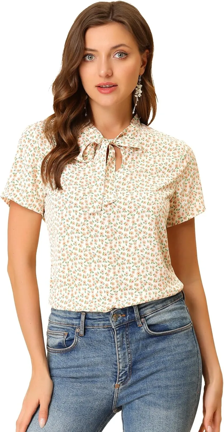 Allegra K Women's Bow Tie Neck Short Sleeve Printed Chiffon Blouse