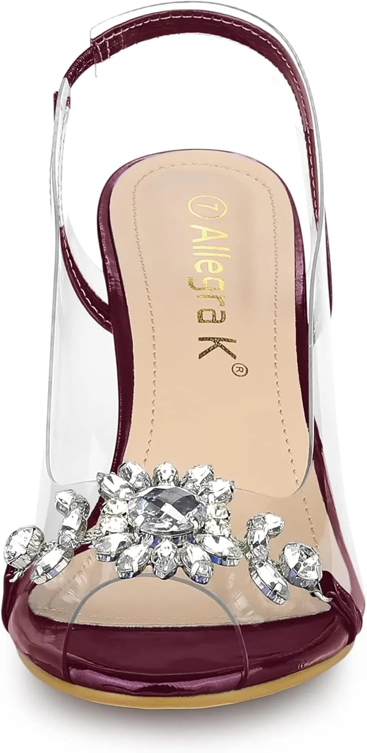 Allegra K Women's Clear Slingback Flower Rhinestone Peep Toe Heels Sandals