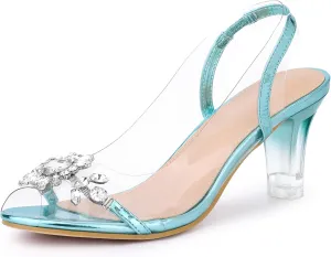 Allegra K Women's Clear Slingback Flower Rhinestone Peep Toe Heels Sandals