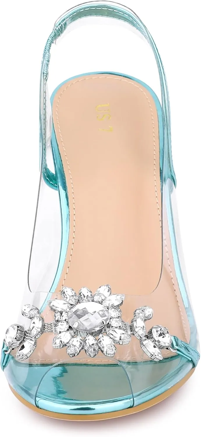Allegra K Women's Clear Slingback Flower Rhinestone Peep Toe Heels Sandals