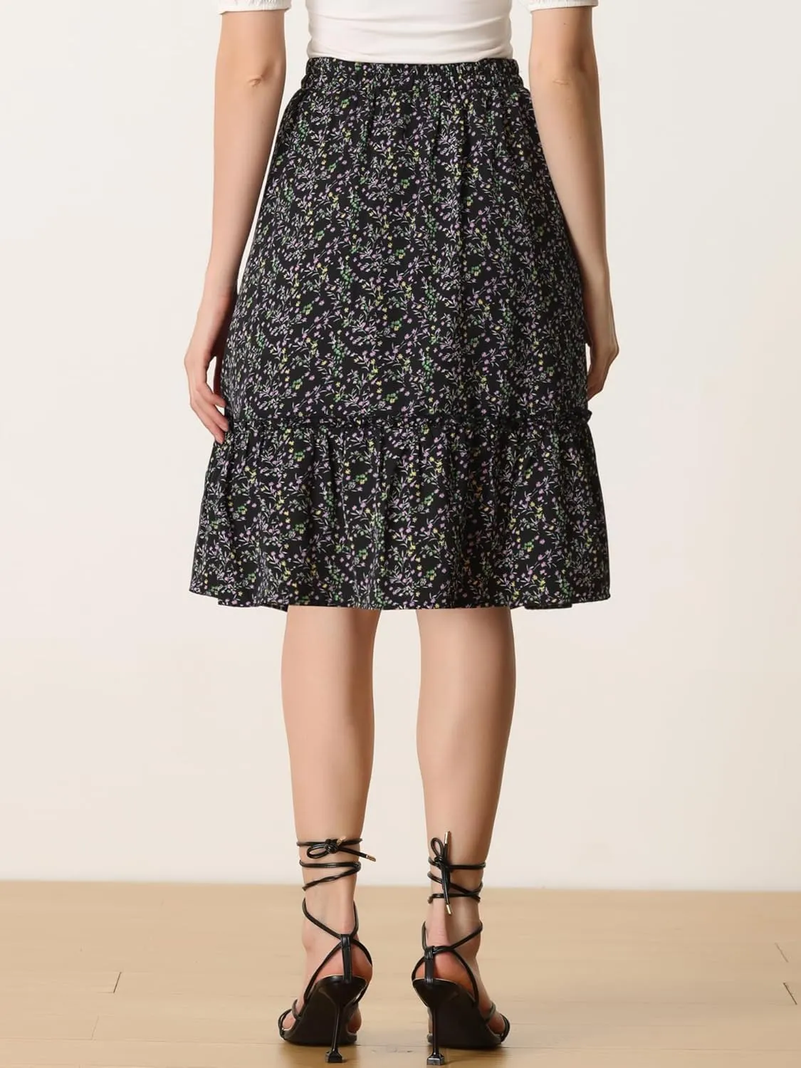 Allegra K Women's Knee Length Skirt Floral Elastic Waist Flowy Tiered A-Line Ruffle Skirt