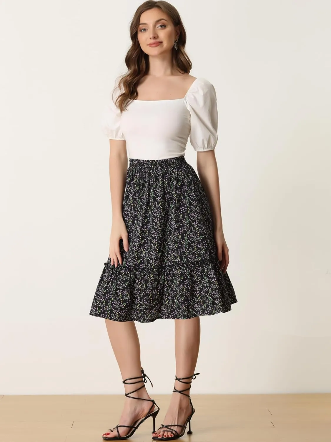 Allegra K Women's Knee Length Skirt Floral Elastic Waist Flowy Tiered A-Line Ruffle Skirt