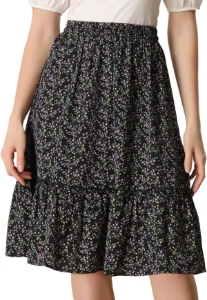 Allegra K Women's Knee Length Skirt Floral Elastic Waist Flowy Tiered A-Line Ruffle Skirt
