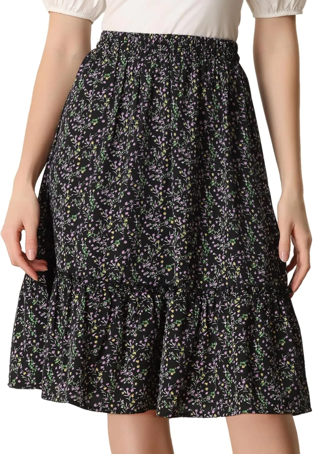 Allegra K Women's Knee Length Skirt Floral Elastic Waist Flowy Tiered A-Line Ruffle Skirt