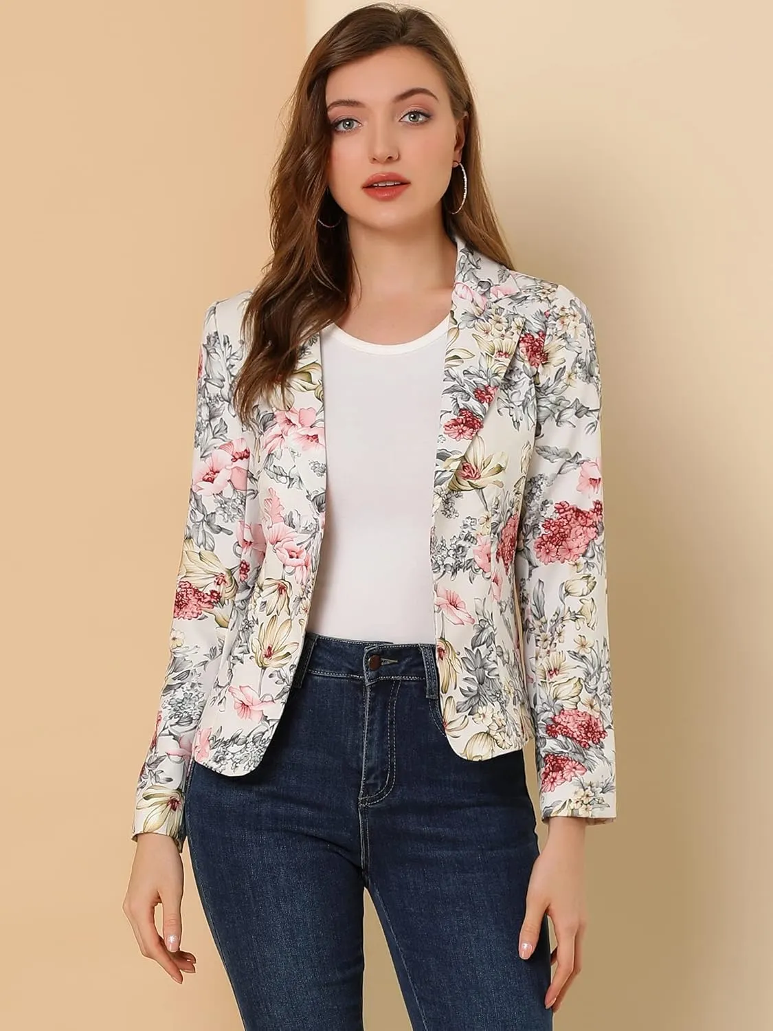 Allegra K Women's Work Casual Fitted Blazer Notch Lapel Printed Open Front Suit Jacket