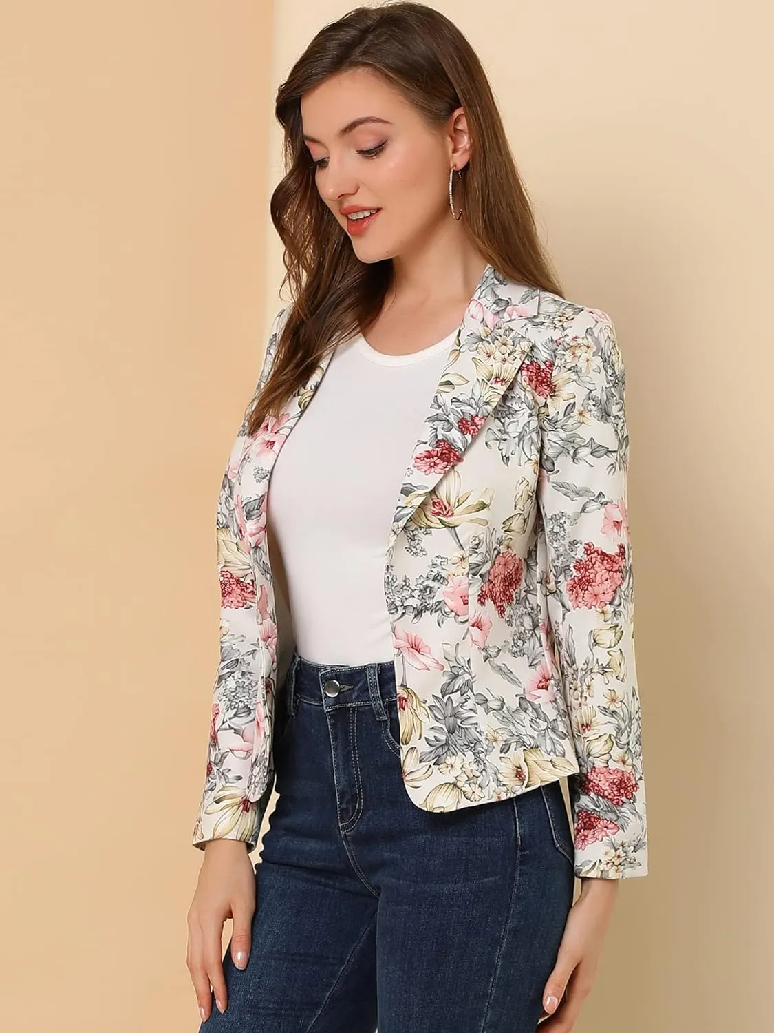 Allegra K Women's Work Casual Fitted Blazer Notch Lapel Printed Open Front Suit Jacket