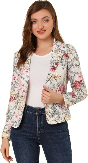 Allegra K Women's Work Casual Fitted Blazer Notch Lapel Printed Open Front Suit Jacket