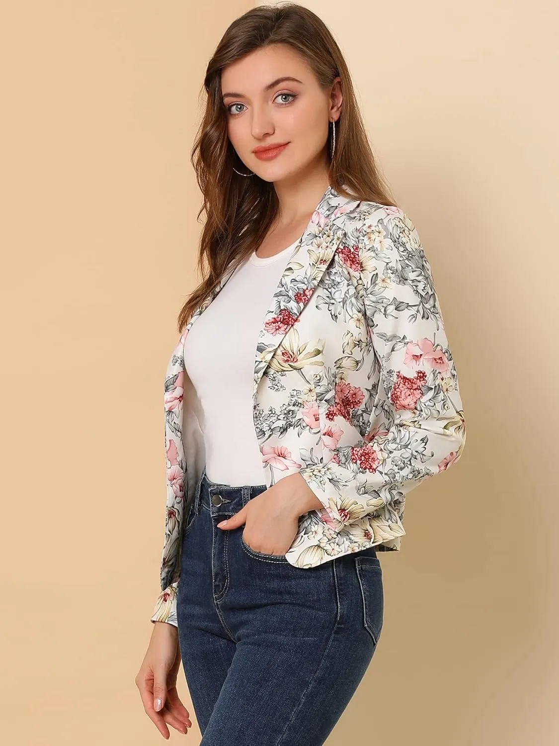 Allegra K Women's Work Casual Fitted Blazer Notch Lapel Printed Open Front Suit Jacket