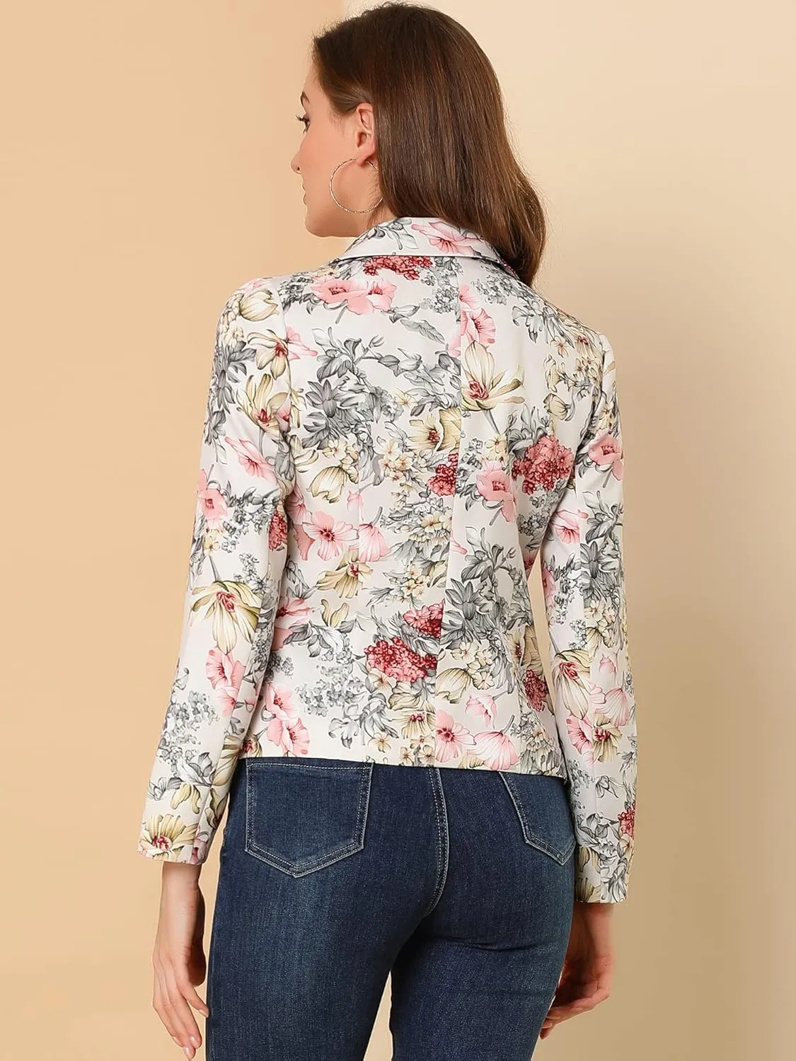 Allegra K Women's Work Casual Fitted Blazer Notch Lapel Printed Open Front Suit Jacket