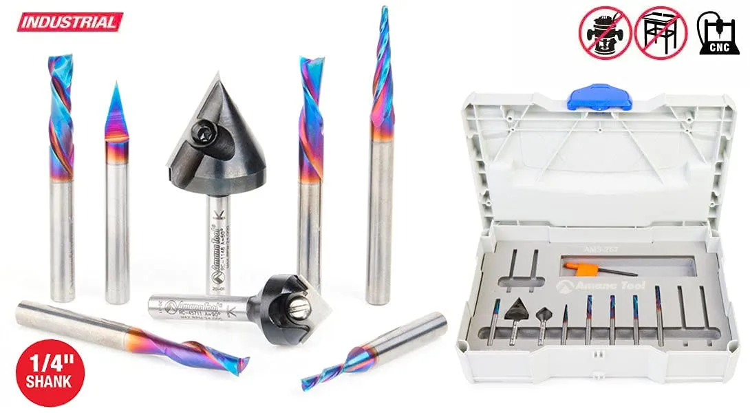 Amana Tool AMS-257 8-Pc General Purpose CNC Router Bit Set Packed in Stackable Plastic Case, 1/4 Inch Shank