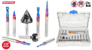 Amana Tool AMS-257 8-Pc General Purpose CNC Router Bit Set Packed in Stackable Plastic Case, 1/4 Inch Shank