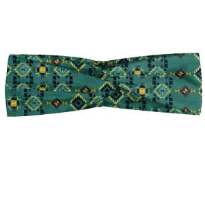 Ambesonne Boho Headband for Women, Inspired Design of Geometric Motifs, Elastic Comfy Hair Accessory Knotted Head Wrap Everyday Use, XS-S, Dark Seafoam Yellow
