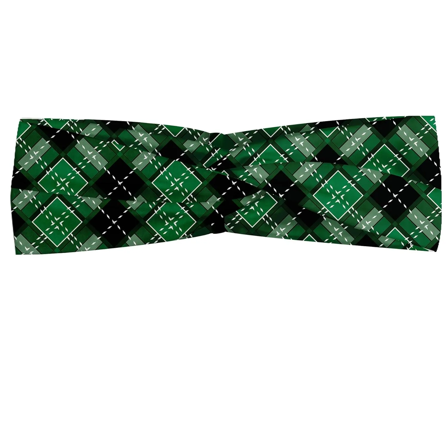 Ambesonne Checkered Headband Set of 2, Abstract Old Fashioned Classic Irish Tartan Pattern with Geometric Symmetric, Knotted Elastic Hair Band Accessory for Women Everyday Use, M-L, Black and Green