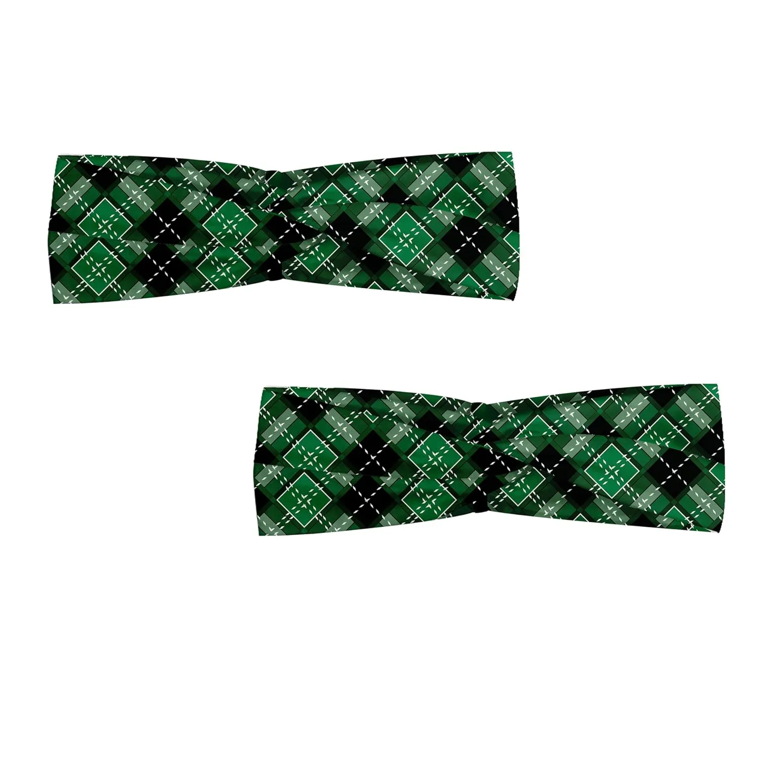 Ambesonne Checkered Headband Set of 2, Abstract Old Fashioned Classic Irish Tartan Pattern with Geometric Symmetric, Knotted Elastic Hair Band Accessory for Women Everyday Use, M-L, Black and Green
