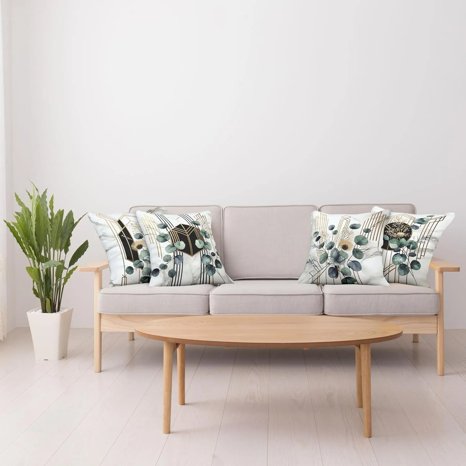 Ambesonne Eucalyptus Throw Pillow Cushion Cover Set of 4, Watercolor Branches and Geometric Modern Motives on Marble Print Back, Decorative Accent Double-Sided Printing, 18", Grey Teal Sand Brown