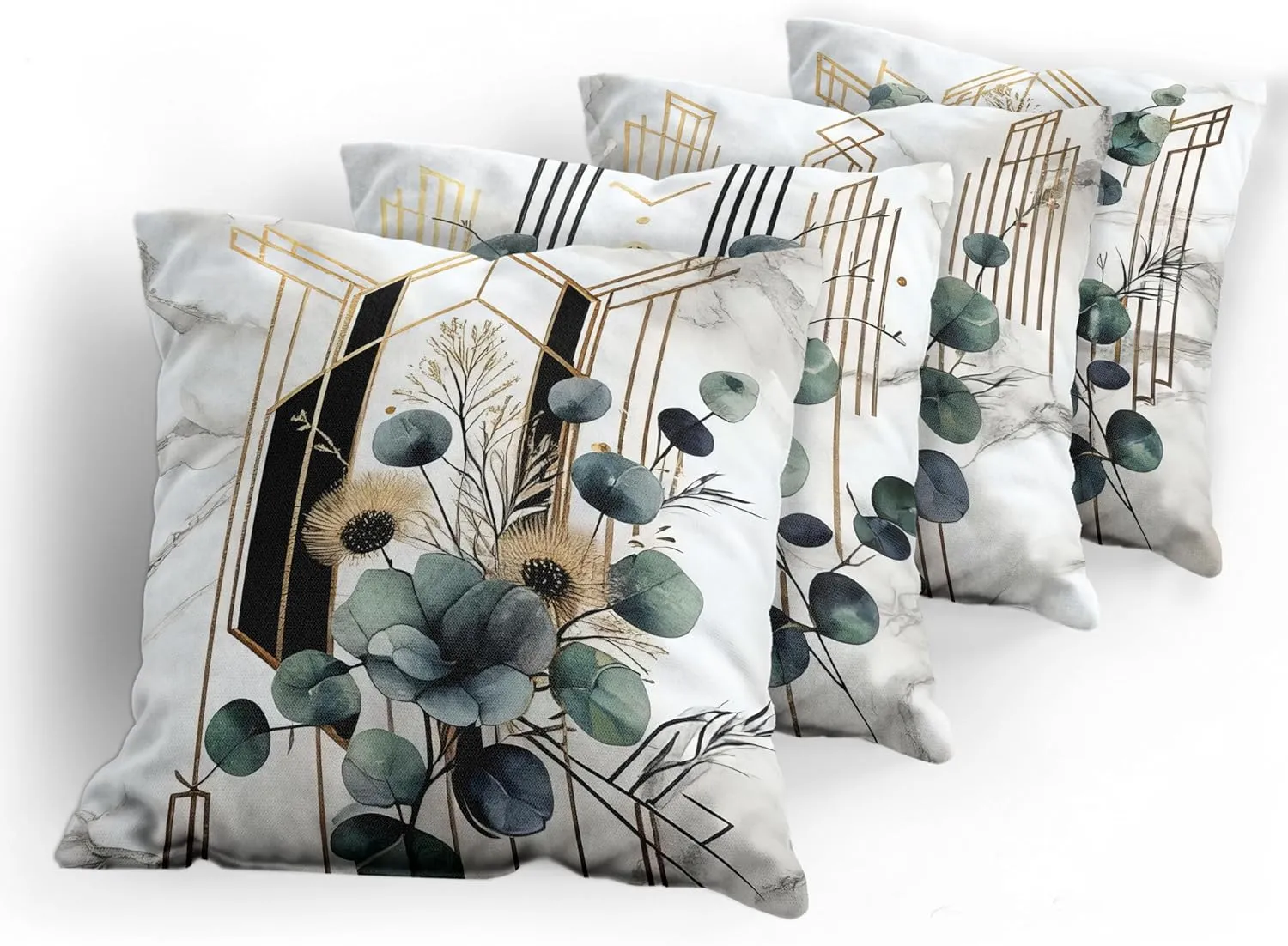 Ambesonne Eucalyptus Throw Pillow Cushion Cover Set of 4, Watercolor Branches and Geometric Modern Motives on Marble Print Back, Decorative Accent Double-Sided Printing, 18", Grey Teal Sand Brown
