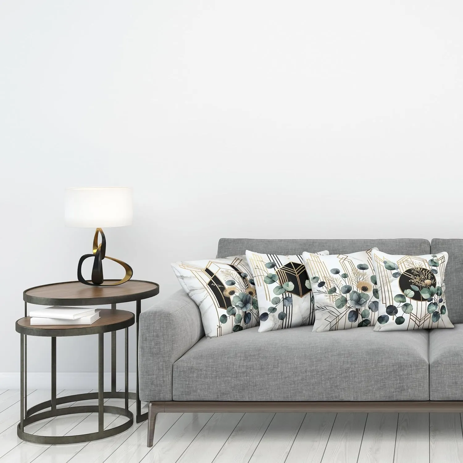 Ambesonne Eucalyptus Throw Pillow Cushion Cover Set of 4, Watercolor Branches and Geometric Modern Motives on Marble Print Back, Decorative Accent Double-Sided Printing, 18", Grey Teal Sand Brown
