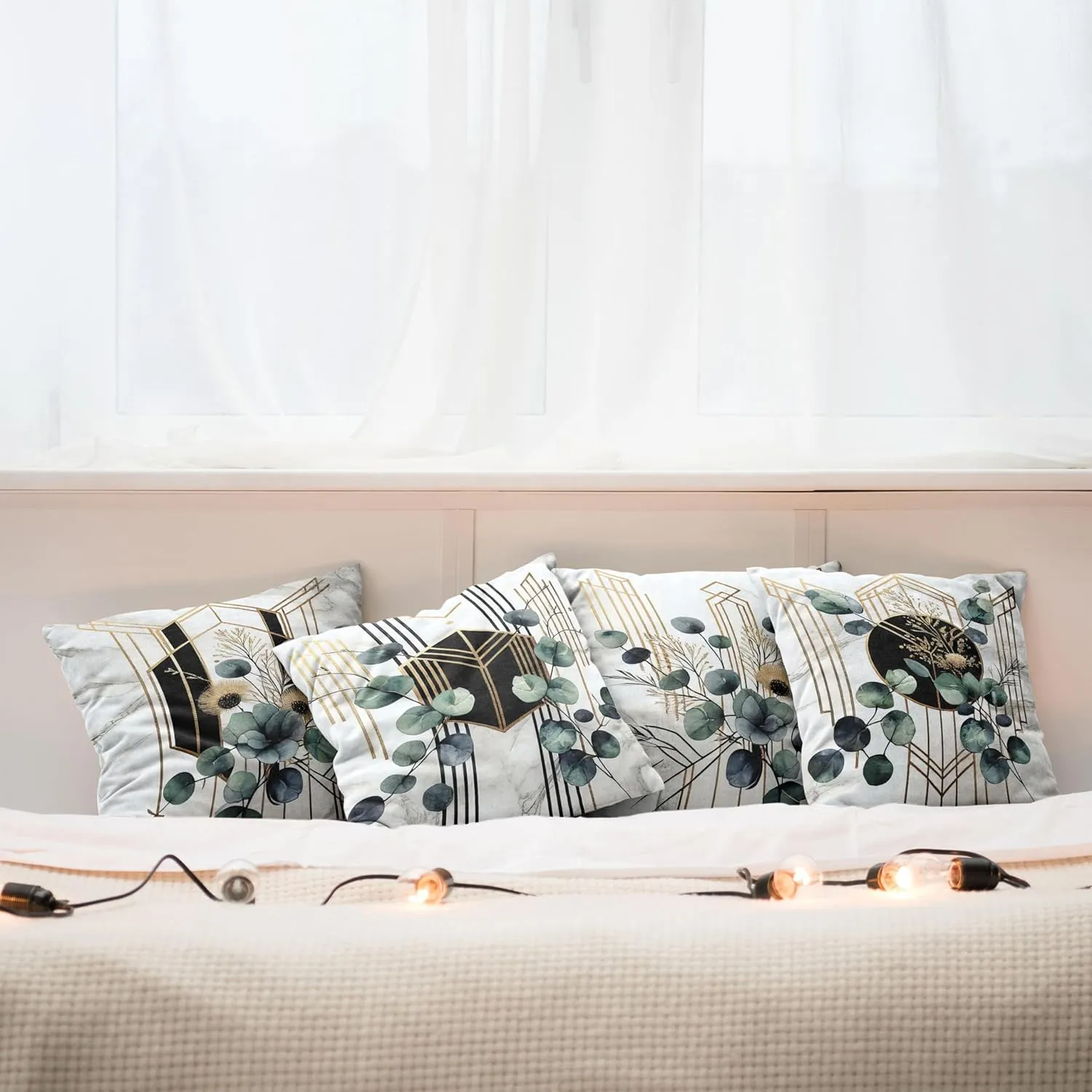 Ambesonne Eucalyptus Throw Pillow Cushion Cover Set of 4, Watercolor Branches and Geometric Modern Motives on Marble Print Back, Decorative Accent Double-Sided Printing, 18", Grey Teal Sand Brown