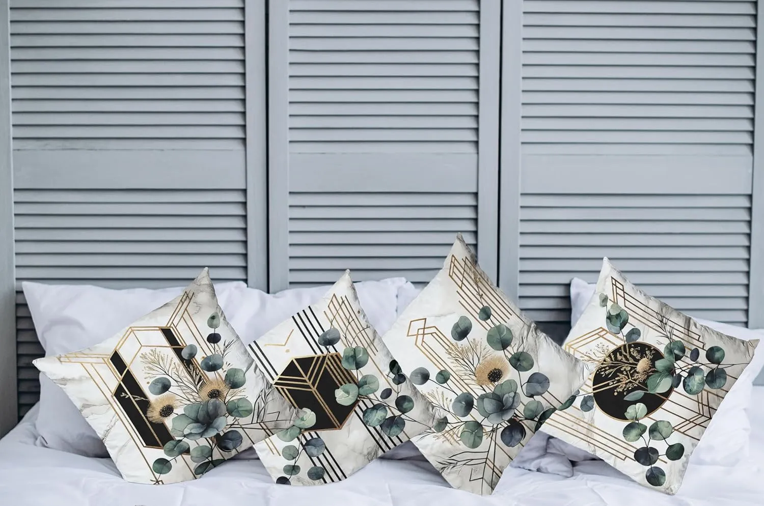 Ambesonne Eucalyptus Throw Pillow Cushion Cover Set of 4, Watercolor Branches and Geometric Modern Motives on Marble Print Back, Decorative Accent Double-Sided Printing, 18", Grey Teal Sand Brown